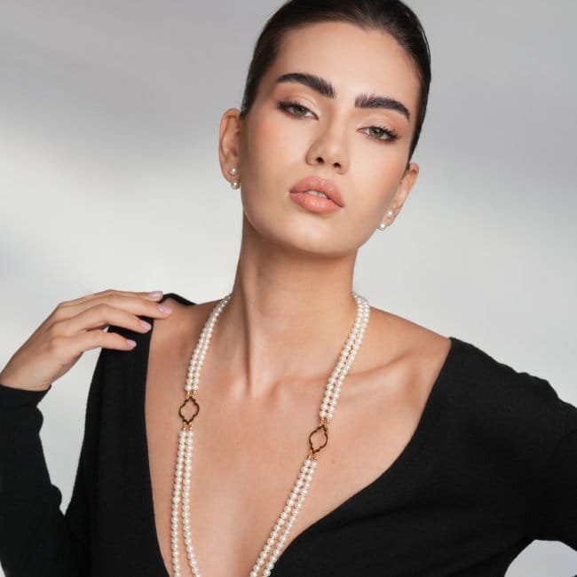 Colier dublu cu perle de 6 mm, din aur galben 14 KT, Amina