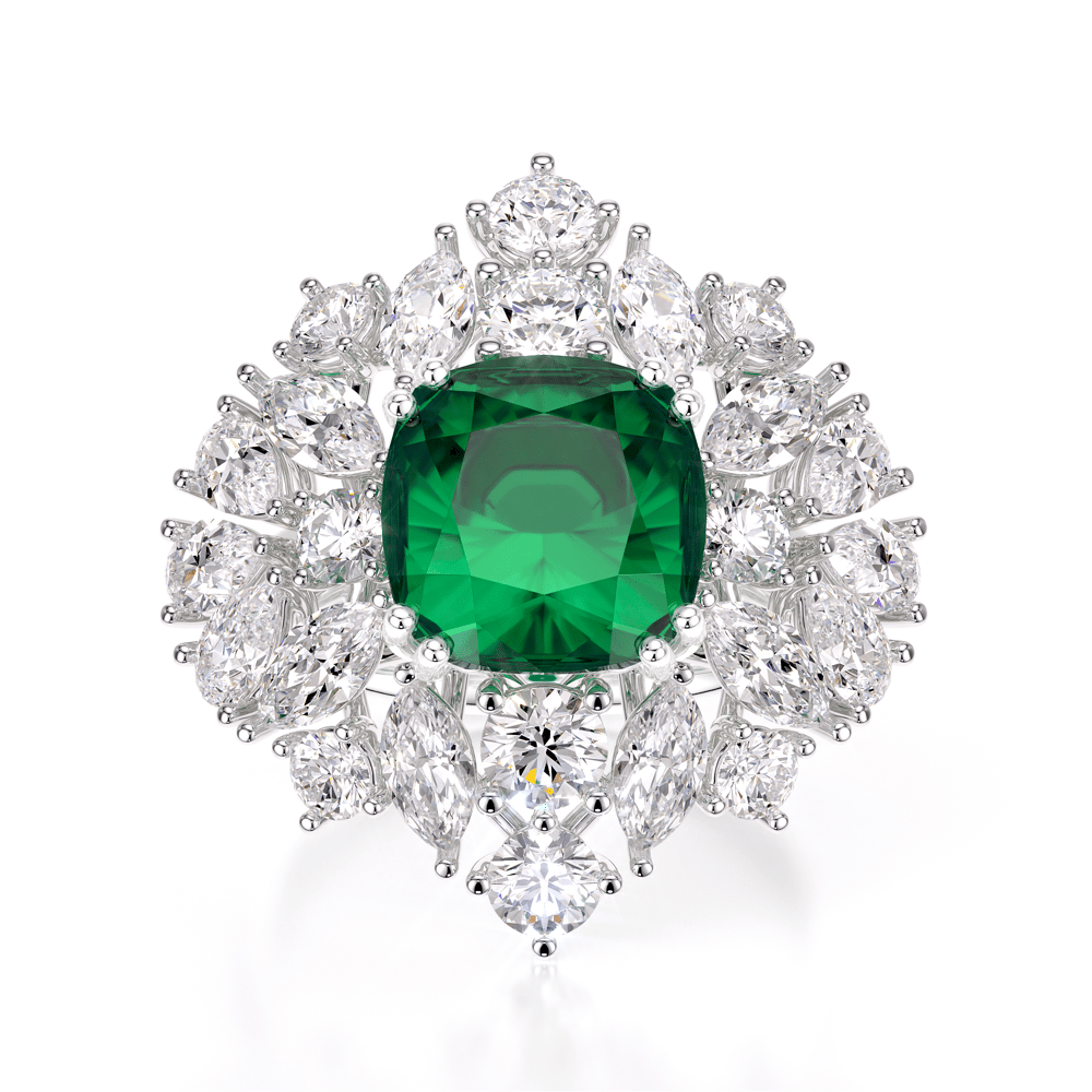 Inel din aur alb 18 KT cu smarald 2.96 CT si diamante naturale 2.42 CT, The Royal Smarald
