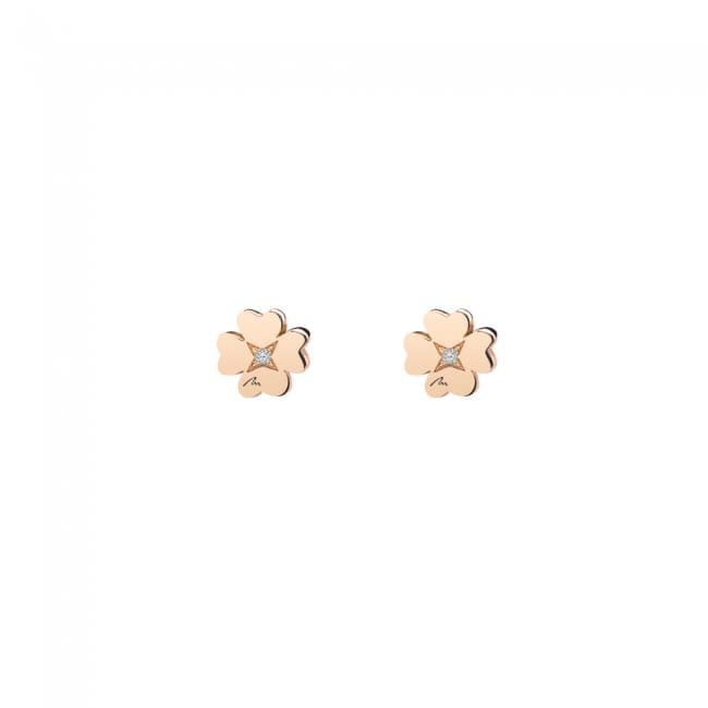 Cercei Trifoi clasic, cu tija, cu diamante albe, din aur roz 14 KT