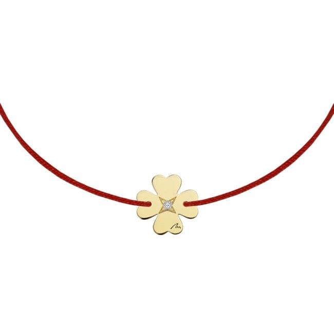 14 KT yellow gold Clover bracelet on string with white diamond