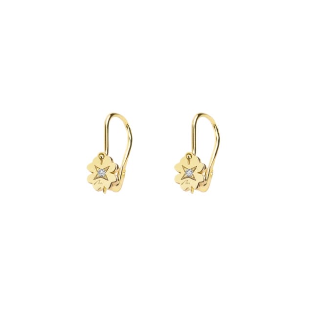 Cercei Baby Trifoi, cu tortite, cu diamante albe, din aur galben 14 KT