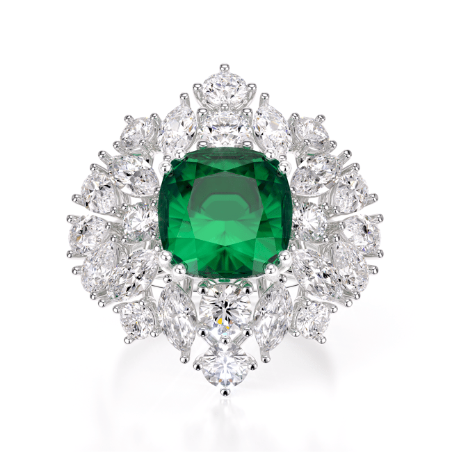 Inel din aur alb 18 KT cu smarald 2.96 CT si diamante naturale 2.42 CT, The Royal Smarald