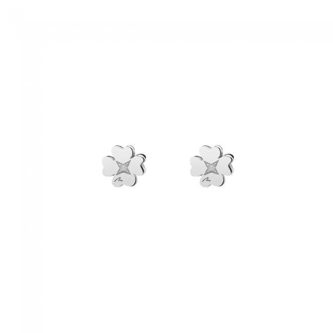 Cercei Trifoi clasic, cu tija, cu diamante albe, din aur alb 14 KT