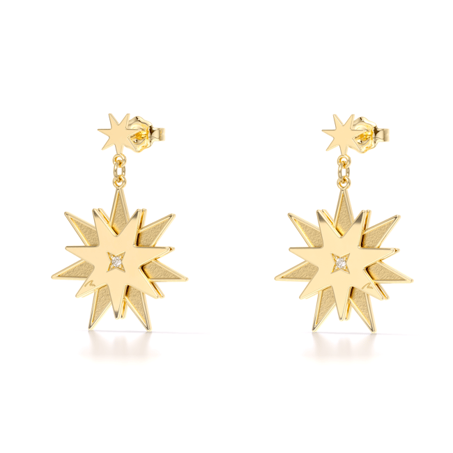 Cercei Luceafar, cu diamant alb si negru, din aur galben 14 KT