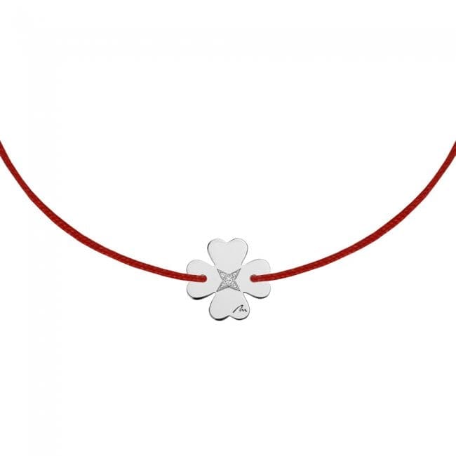 14 KT white gold Clover bracelet on string with white diamond