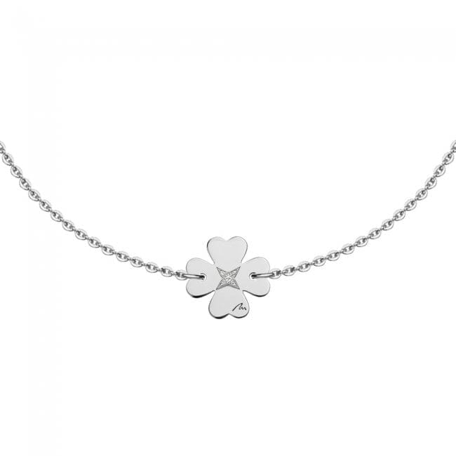 Bratara lant cu pandantiv Trifoi, cu diamant alb, din aur alb 14 KT