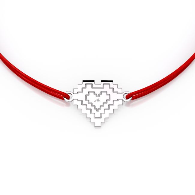 Bratara pe snur si pandantiv Inima traditionala, din aur alb 14 KT