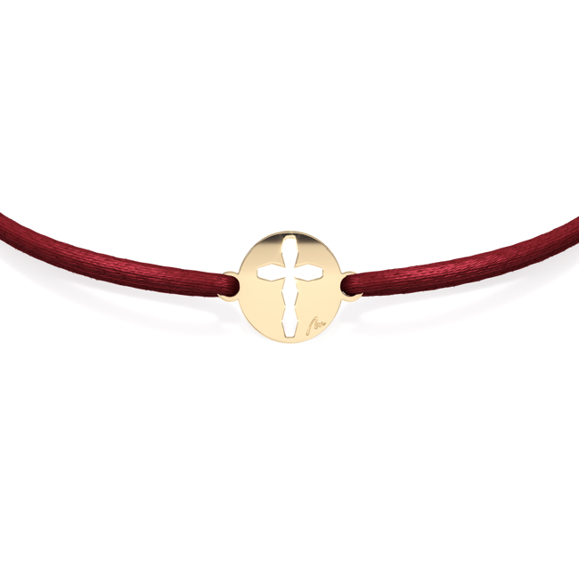 14 KT yellow gold Infinity Cross in Little Coin bracelet on string