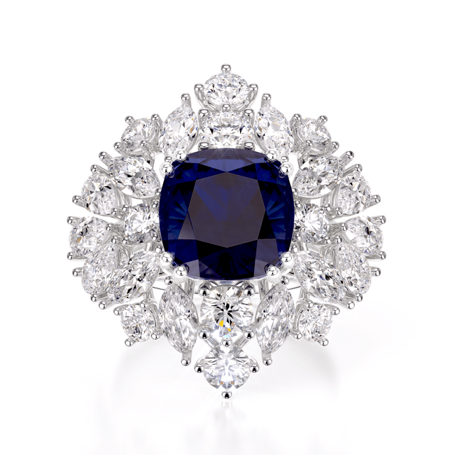 18 KT white gold The Royal Sapphire ring, with 6.06 CT Sapphire and 4.29 CT lab grown diamonds