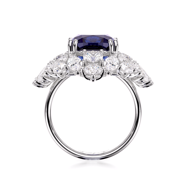 18 KT white gold The Royal Sapphire ring, with 6.06 CT Sapphire and 4.29 CT lab grown diamonds