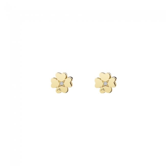 Cercei Trifoi clasic, cu tija, cu diamante albe, din aur galben 14 KT
