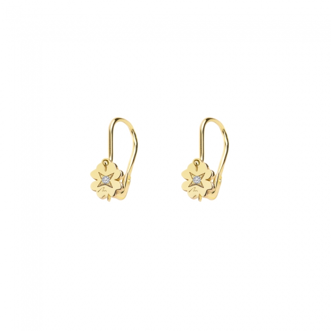 14 k yellow gold white diamonds Baby Clover lever earrings