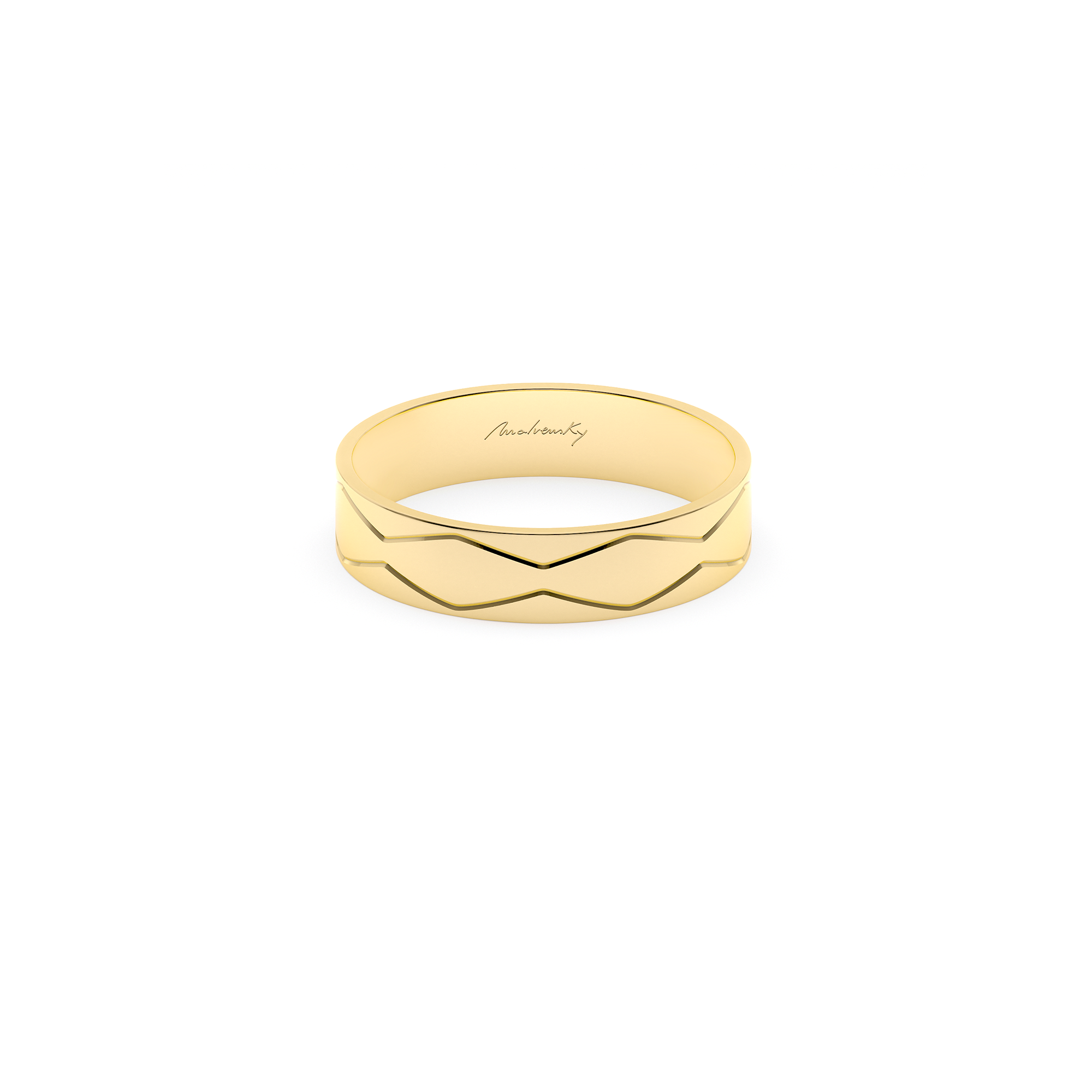 14 k Graphic Infinity wide wedding ring in yellow gold