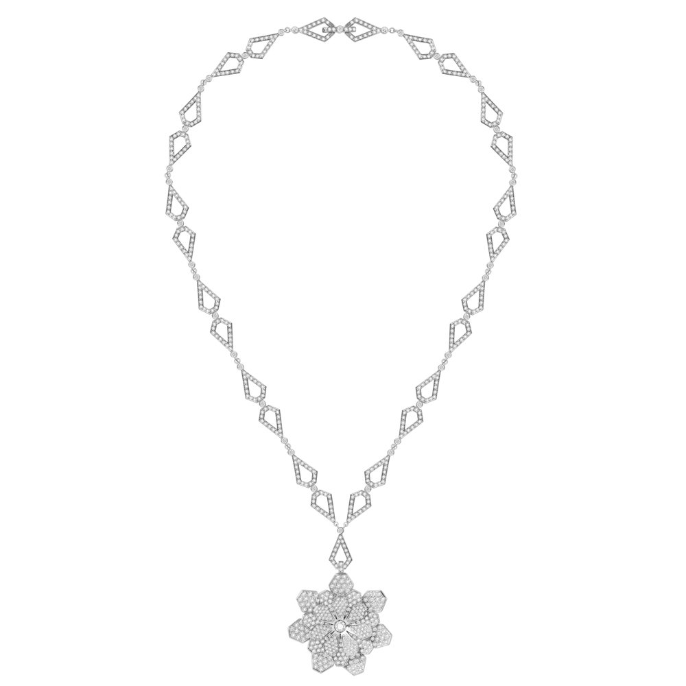 White Diamond Flower Grace Necktie Necklace In 18 K White Gold Malvensky