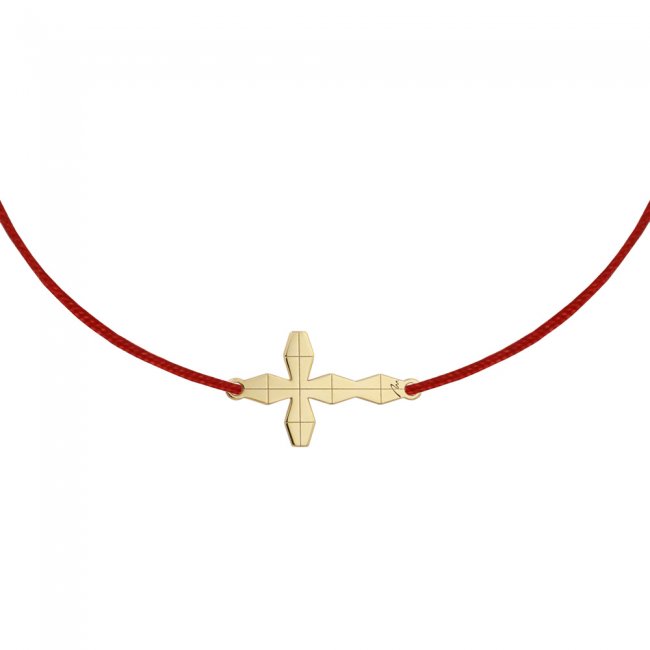 Yellow gold M Infinity Cross on string bracelet