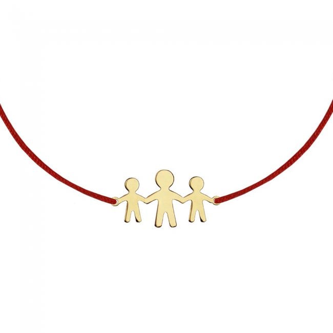 Yellow gold son-mother-son on string bracelet