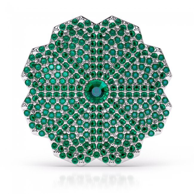 Green Emerald Infinity Flower Brooch, in palladium plated brass and green crystals