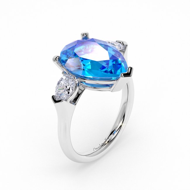 18 KT White Gold Trilogy Engagement Ring LIGHT BLUE TOPAZ PEAR CUT 6.00 CT 2 Diamante Pear Cut 0.60 CT