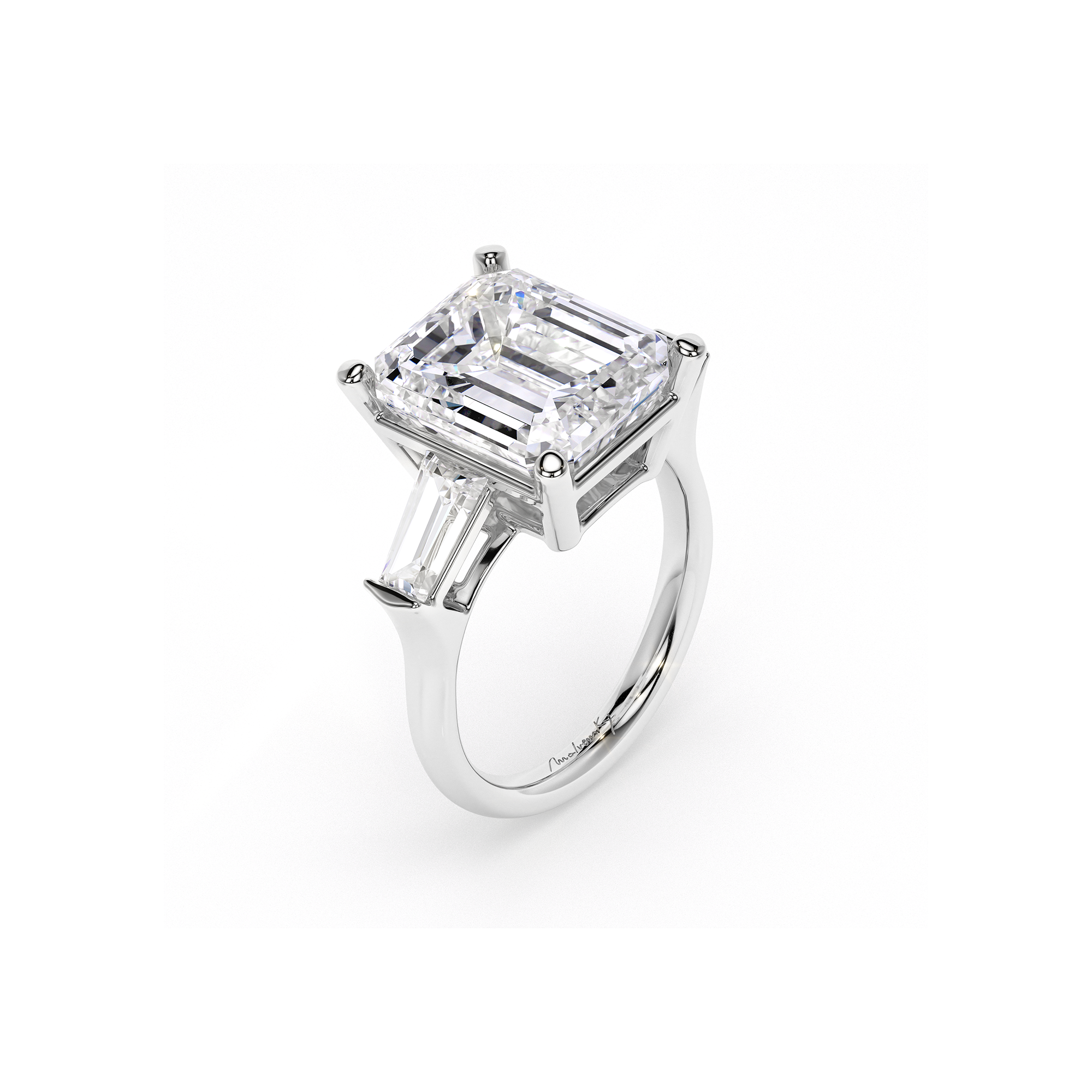 18 KT White Gold Trilogy Engagement Ring Emerald Cut 5.00 CT
