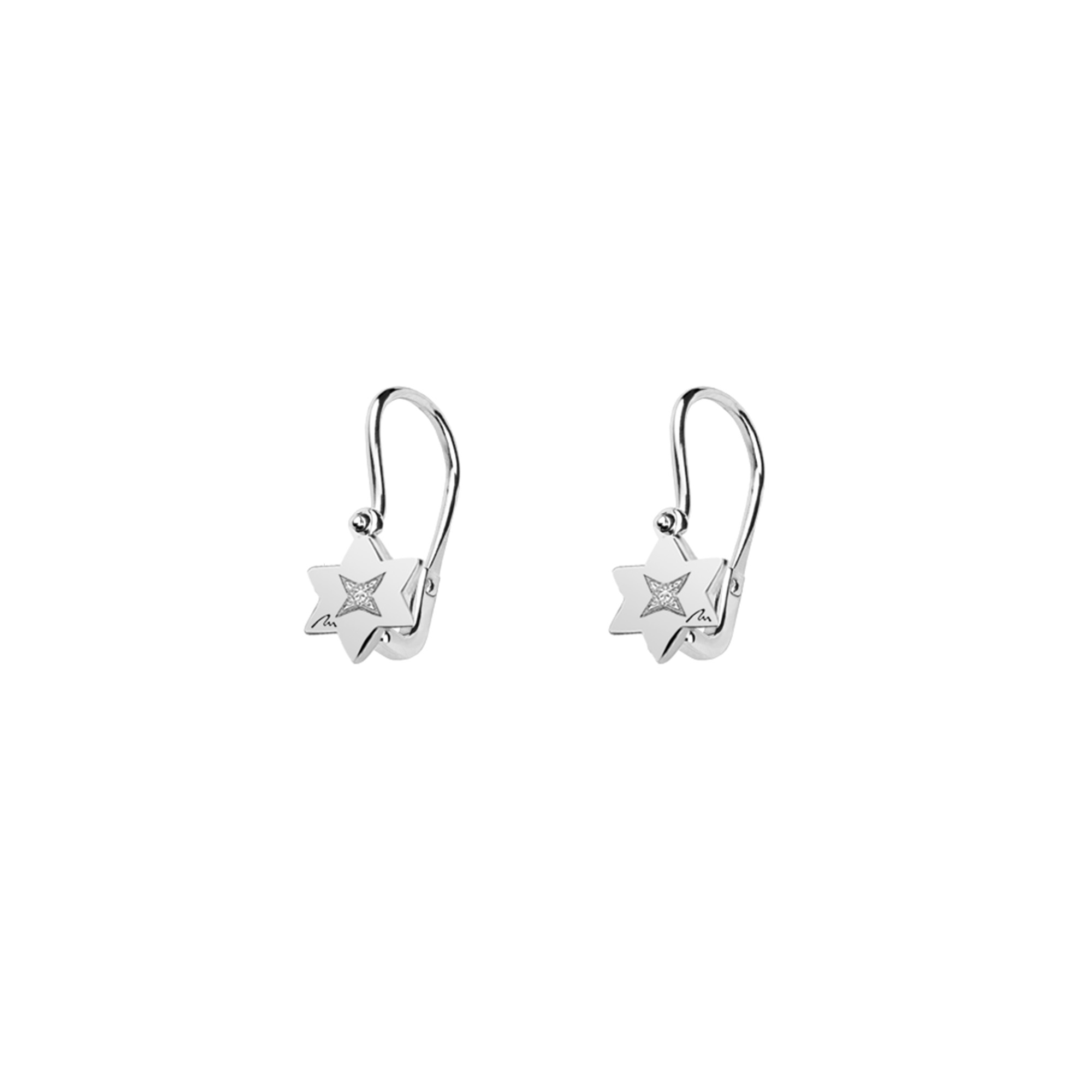 14 KT white gold Baby Star hoop earrings with white diamonds