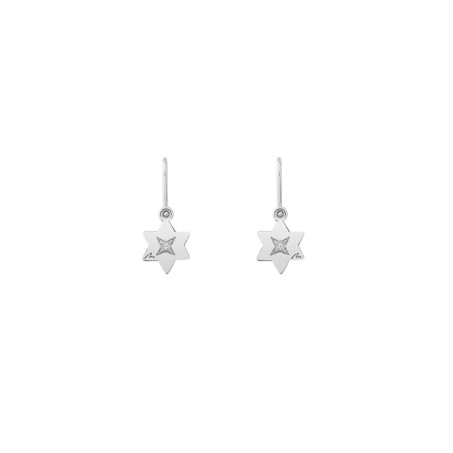 14 KT white gold Baby Star hoop earrings with white diamonds