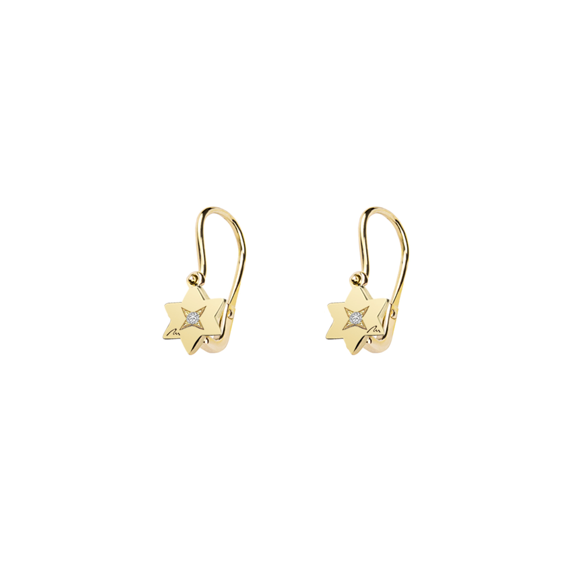 14 KT yellow gold Baby Star hoop earrings with white diamonds