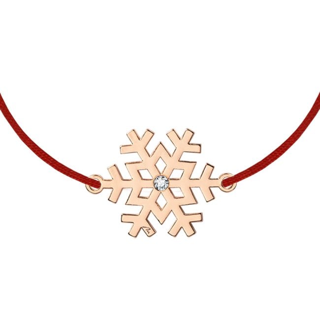 Bratara pe snur Fulg de nea, cu cristal, din alama placata cu aur roz