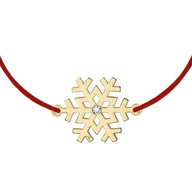 Bratara pe snur Fulg de nea, cu cristal, din alama placata cu aur galben