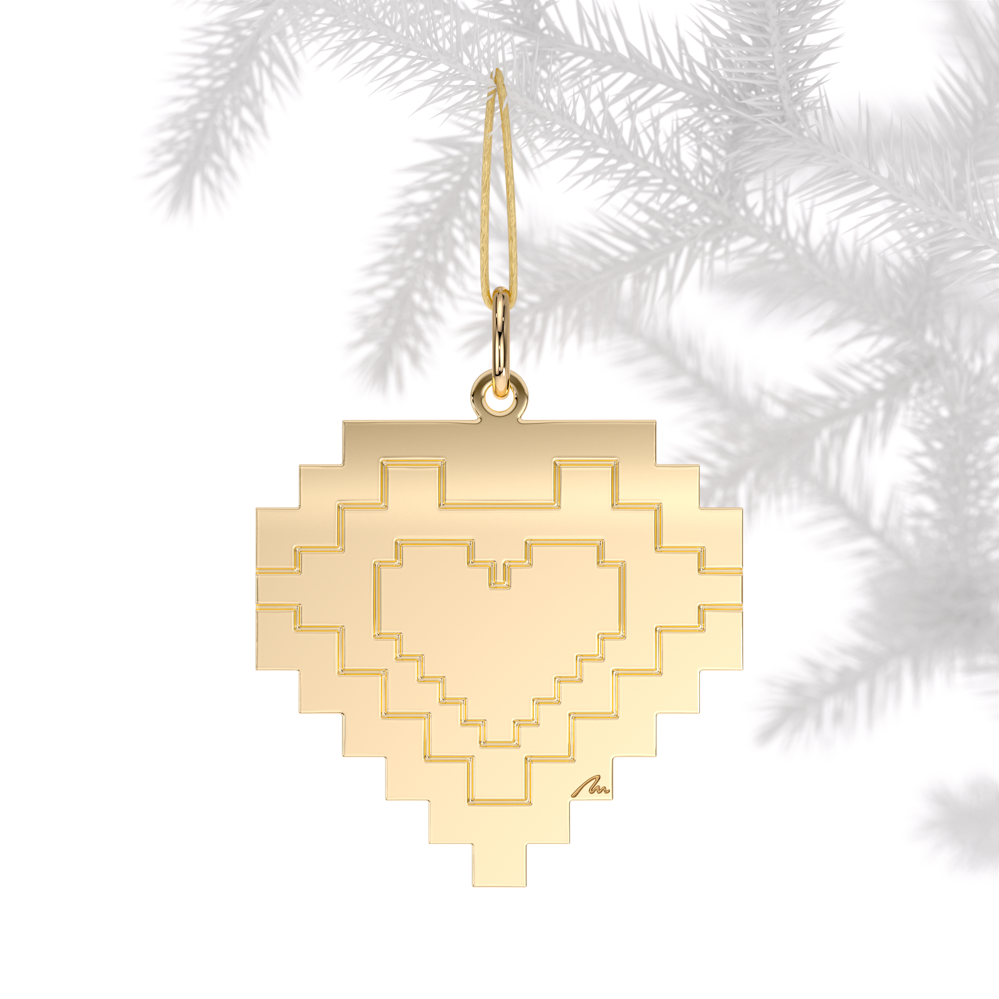 Ornament de brad Inima Traditionala, din alama placata cu aur galben