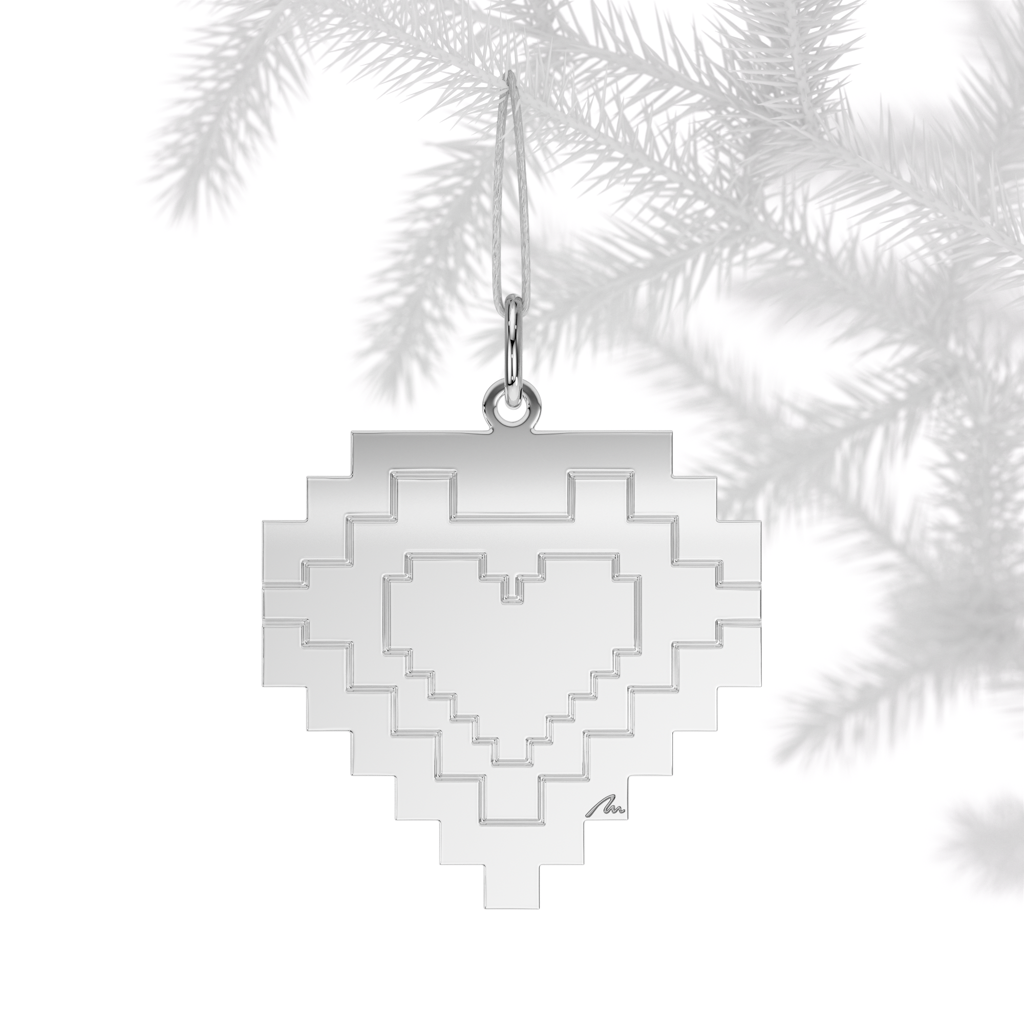 Ornament de brad Inima Traditionala, din alama placata cu paladiu