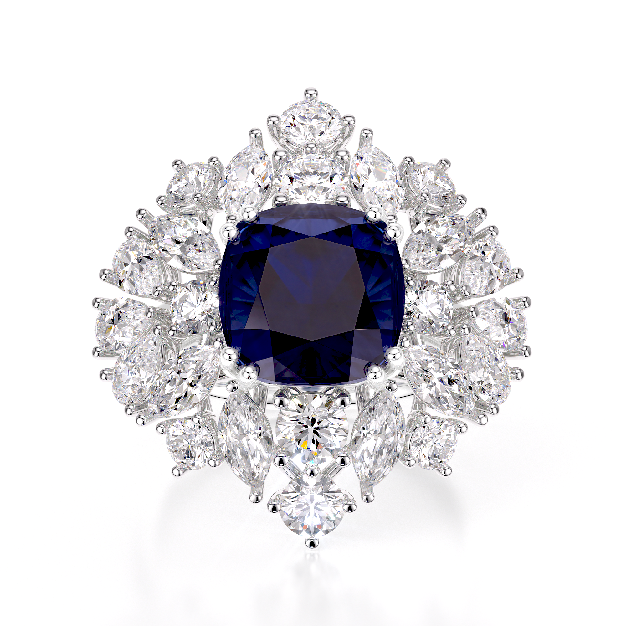 18 KT white gold The Royal Sapphire ring, with 6.06 CT Sapphire and 4.29 CT lab grown diamonds